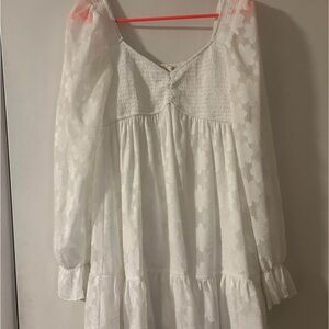 White Floral Lace Mini Dress with Sheer Puff Sleeves